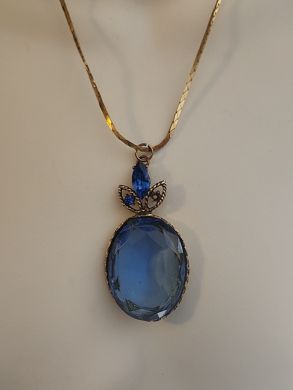 Vintage Style Blue Czech Glass Pendant Necklace Gold Tone Frame